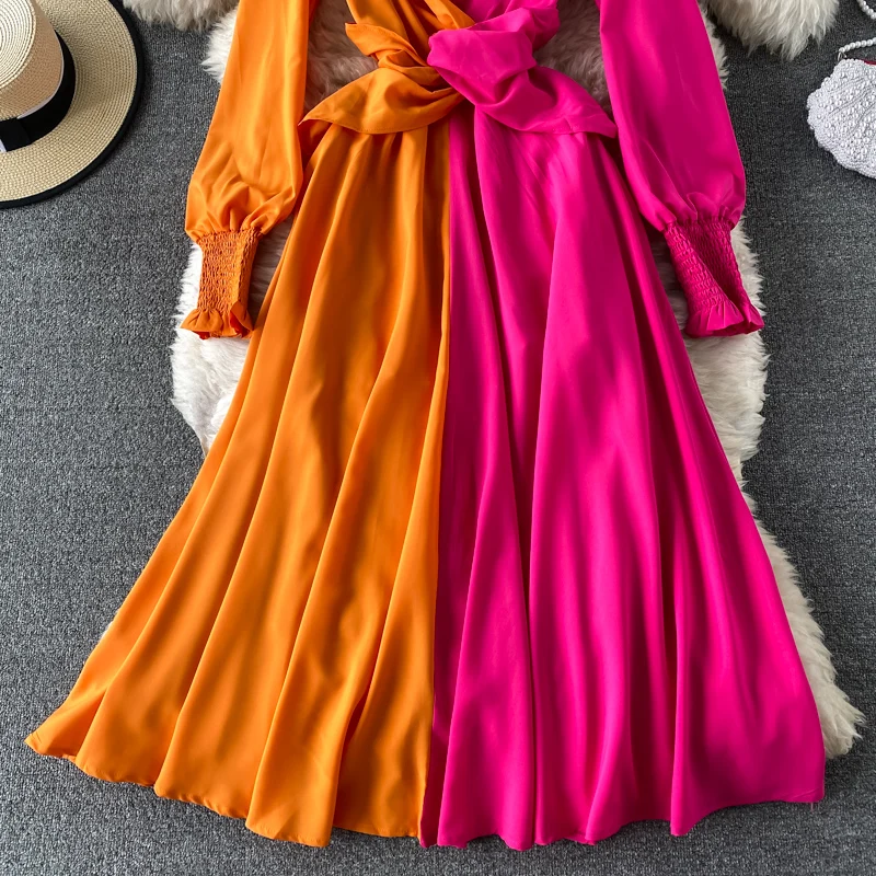 

Vintage V-Neck Red/Yellow Patchwork Long Dress Women Lantern Long Sleeve Vacation Beach Robe Female Fashion Vestidos Spring 2021
