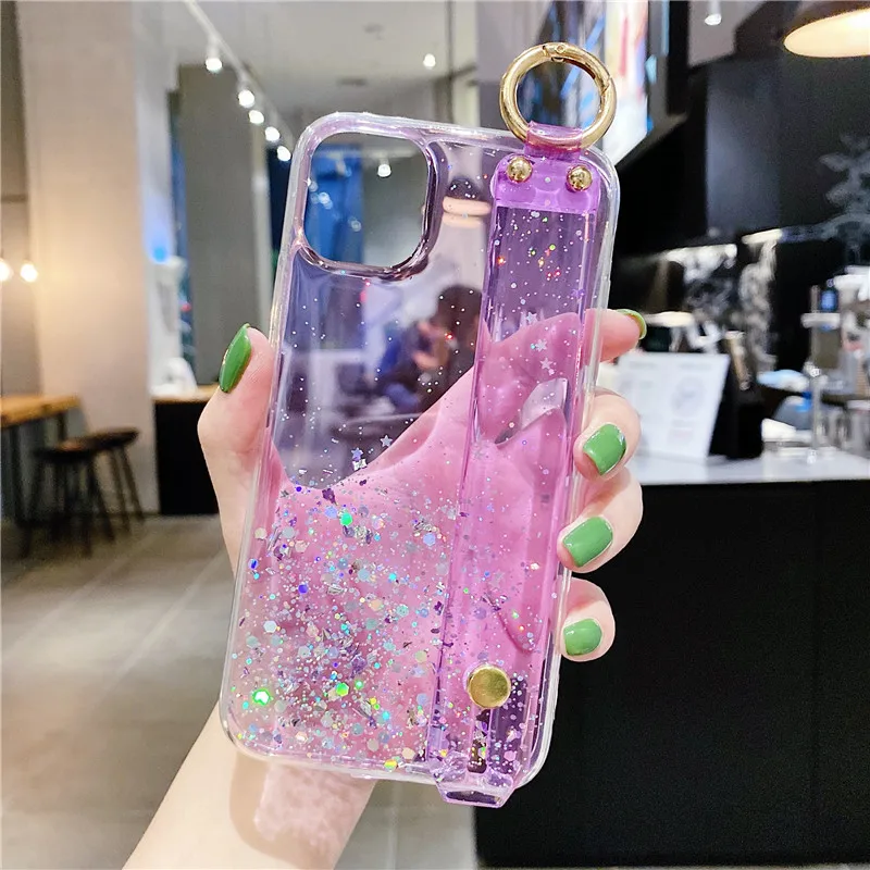 

Glitter Transparent Wristband Phone Case Back Cover Capa Protective Shell For iPhone 12 MiNi 11 Pro XS Max XR X SE 2 8 7 6s Plus