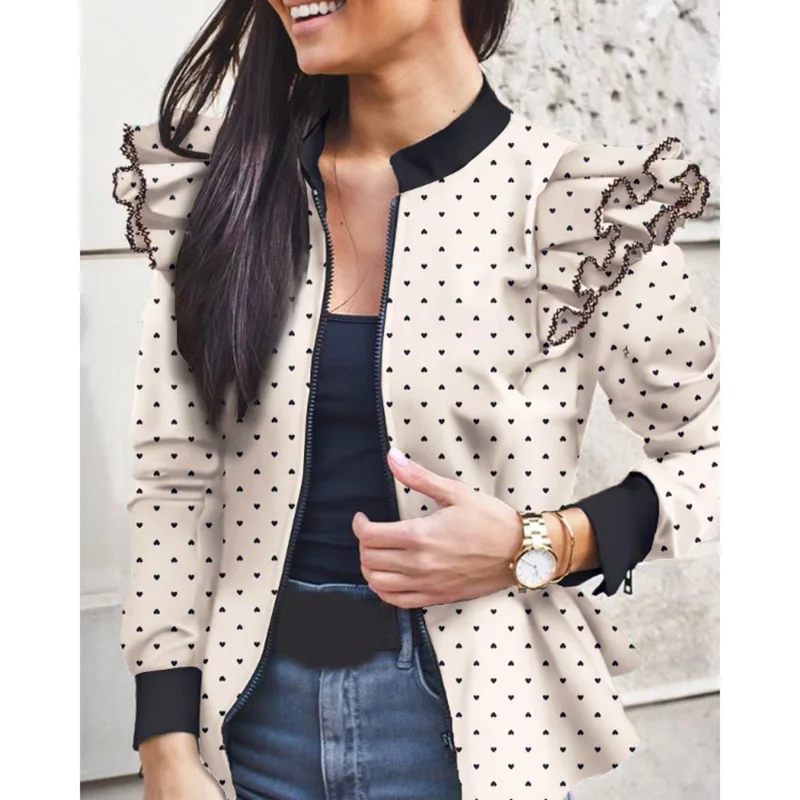 Женский жакет с оборками повседневные пальто 2020 осень круглым вырезом на молнии