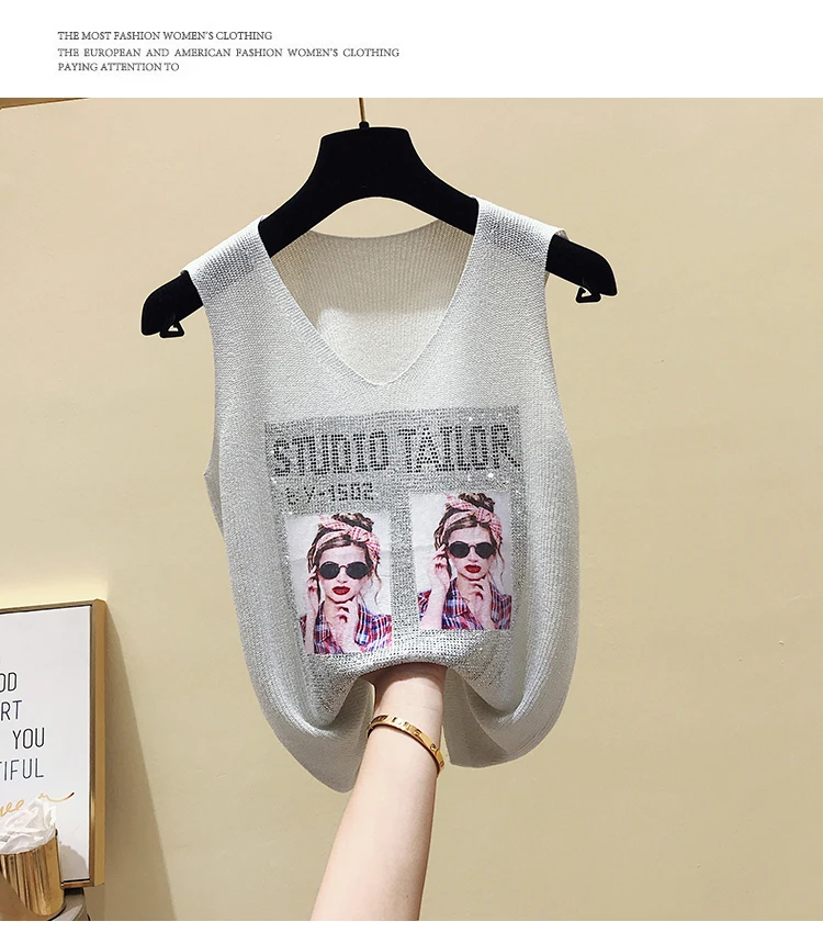 

2021 New Summer Rhinestones girl print Tank Tops Women Sleeveless Female casual Party shining Vest Camisole V-Neck Top