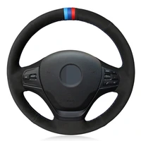 car steering wheel cover hand stitched black genuine leather suede for bmw f30 f31 f34 f20 f21 f22 f23