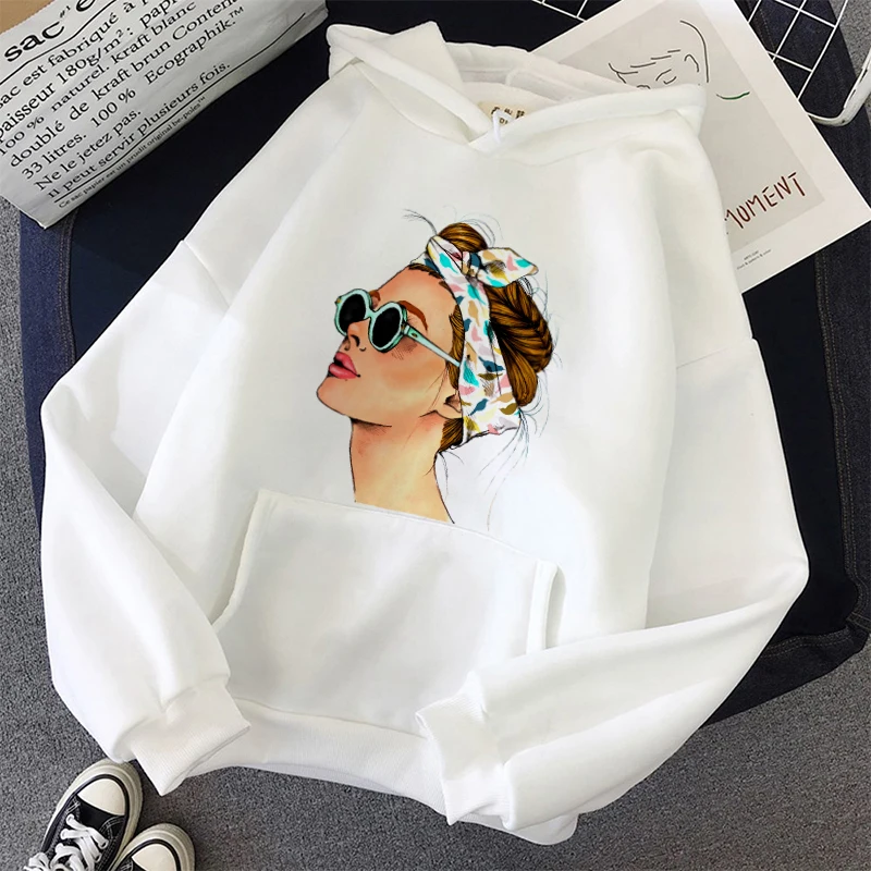Plus Size Women Winter Print Hoodies Sweatshirts Casual Tops Harajuku Streetwear Hooded Jumper Loose Warm Pocket Pullovers