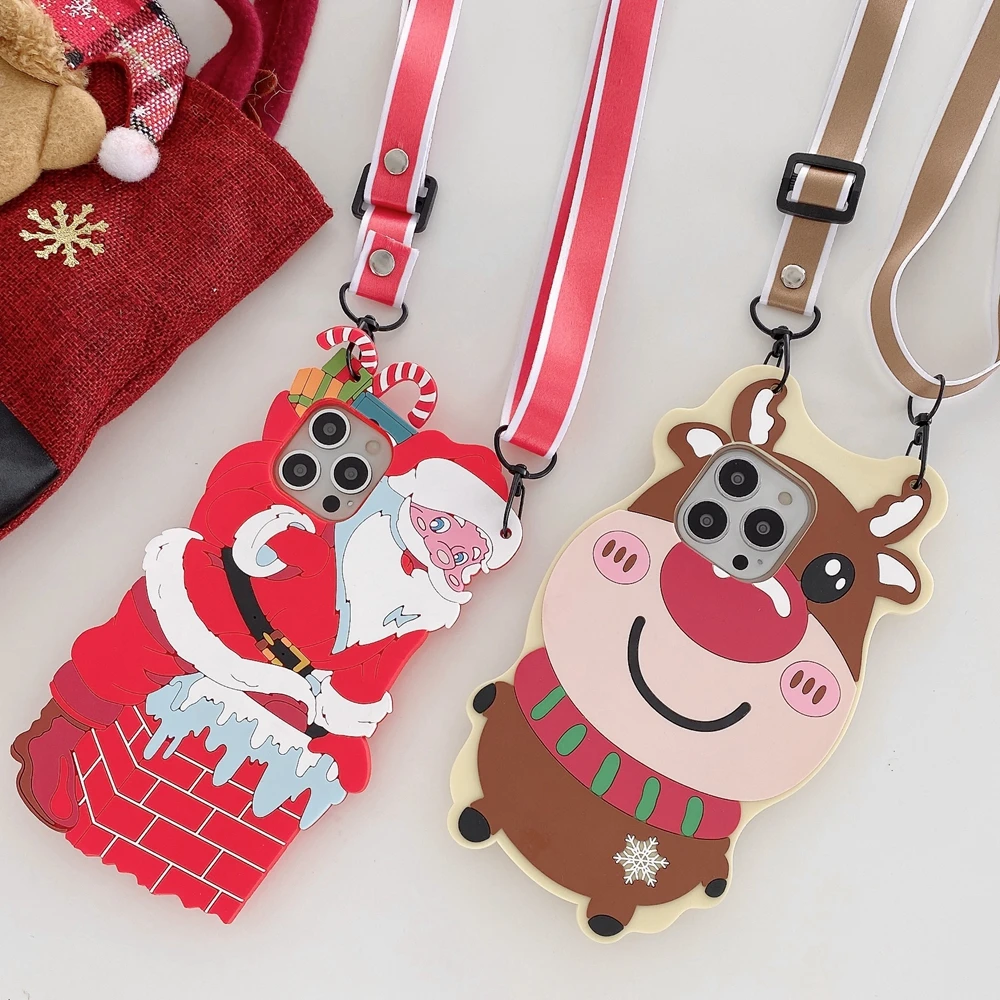 

Redmi Note 10T 9T 8T 10S 9S Silicon Case for Funda Xiaomi Redmi Note 9 10 Pro Max 8 7 6 5 Case Christmas elk Phone Cover Lanyard