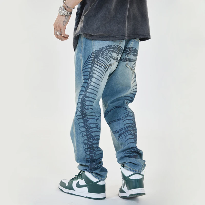 

Man Loose Jeans Hip Hop Unisex Centipede Print Skateboard Baggy Denim Pants BF Harajuku Rap Male Black Blue Trouses Big Oversize