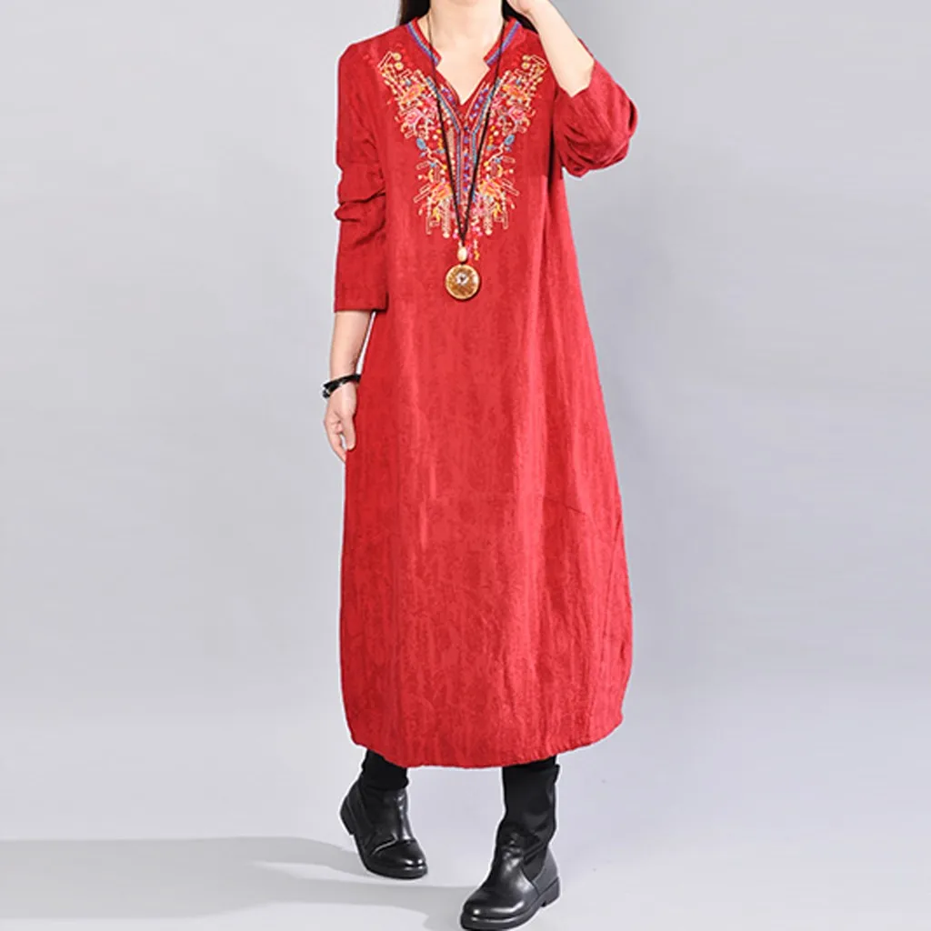 Женское платье с вышивкой зимнее повседневное Свободное длинное в винтажном