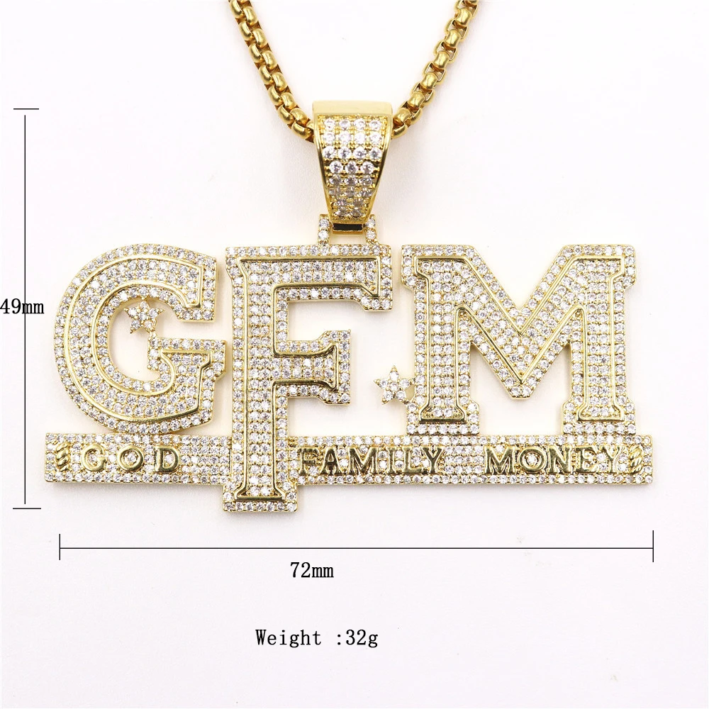 

GFM Hip Hop Iced Out Bling Letters GOD FAMILY MONEY Pendant Necklace AAA Zircon Gold Silver Color Men's Necklaces Free Shipping