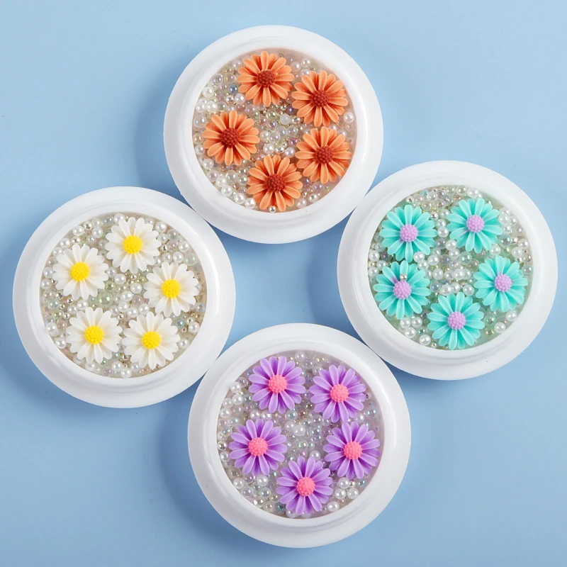 2021 нейл арта в виде небольшой ромашки хлопья микс переливающиеся стеклянные бусы