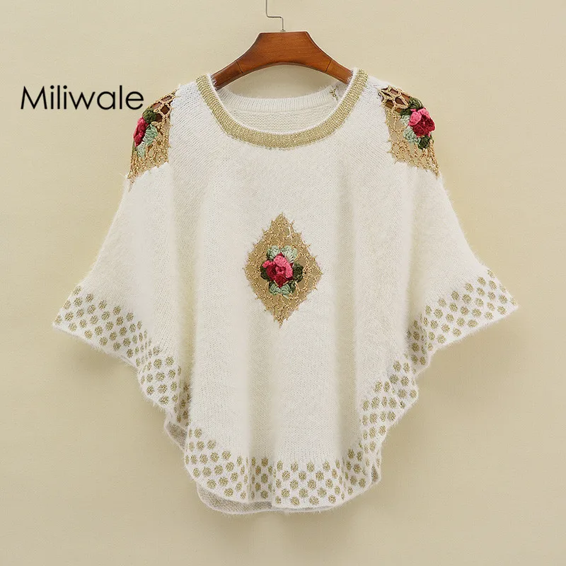 

Women pullover sweater winter solid white o-neck sweater crocheted flower shoulder luxury knitted women sweater