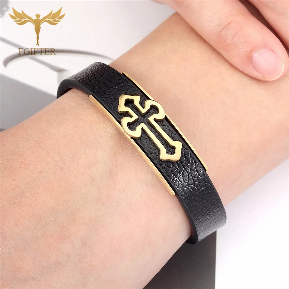 Мужской кожаный Браслет-манжета из нержавеющей стали | Украшения и аксессуары