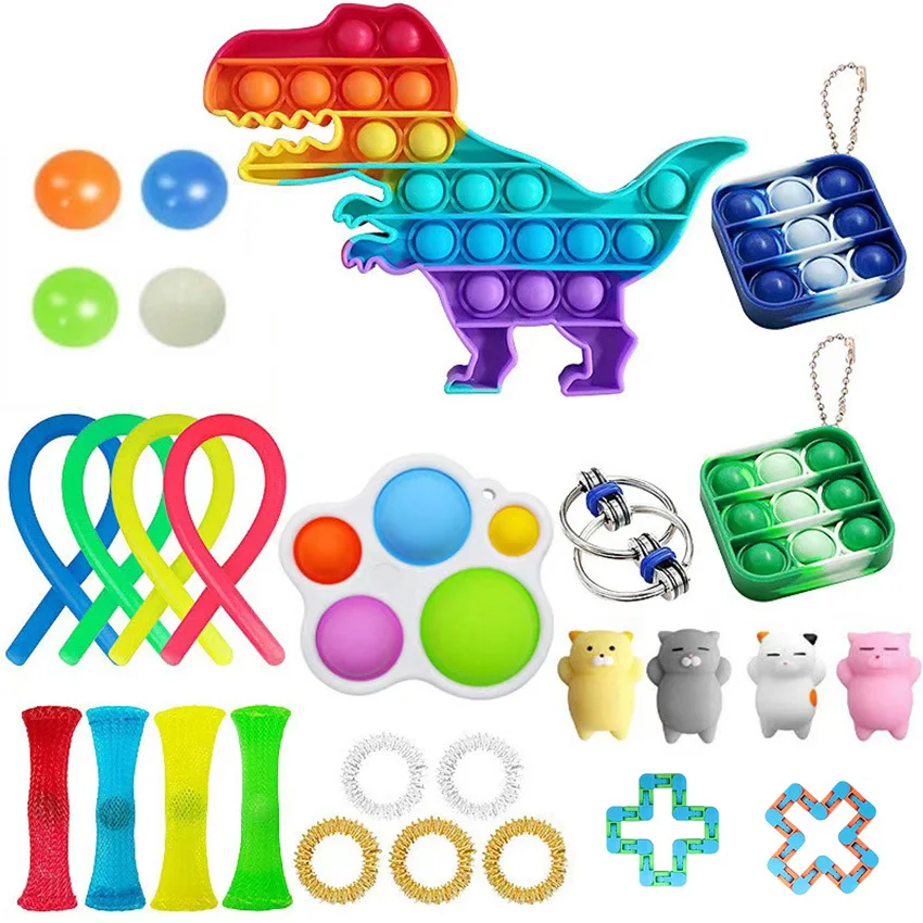 

Push Sensory Toy Set Anxiety Anti Stress Toy Pack Dino Bubble Kit Keychain Relief Fidget Toys Decompression Gift For Kids Adults