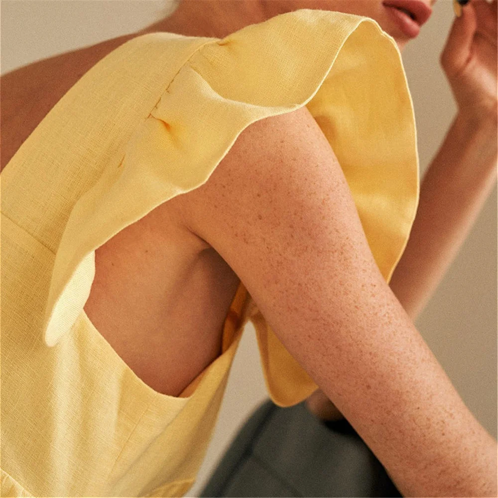 

Casual Solid Square Collar Sweet Dress Woman Butterfly Sleeve Backless High Waist Loose Linen Ruffle Sleeve Dress 2021 Summer