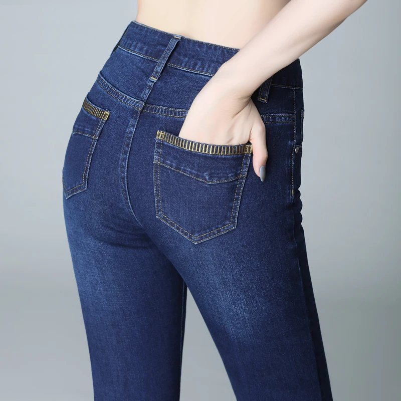 

Новые женские узкие джинсы с высокой талией, классические винтажные синие прямые Стрейчевые повседневные Простые облегающие джинсовые брю...
