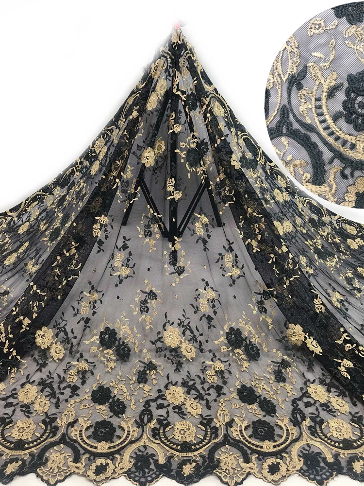 

Flower Embroidery African Lace Fabric 2020 Polyester High Quality Lace Black 5yard one Lot Latest Embroidery