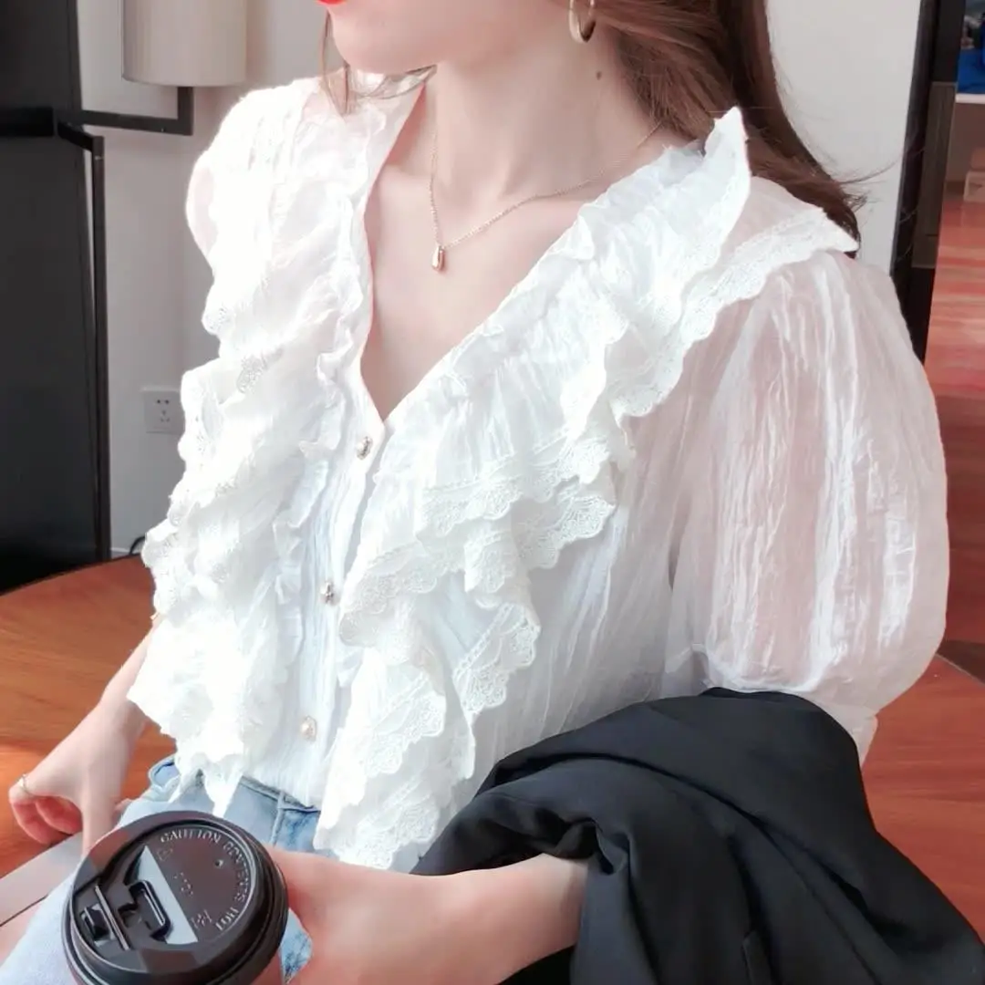 

2021 Women's Tops and Blouses Summer Female Ruffles V-neck Solid Color Chiffon Blouse Women Fashion Short Sleeve Shirts Top L546