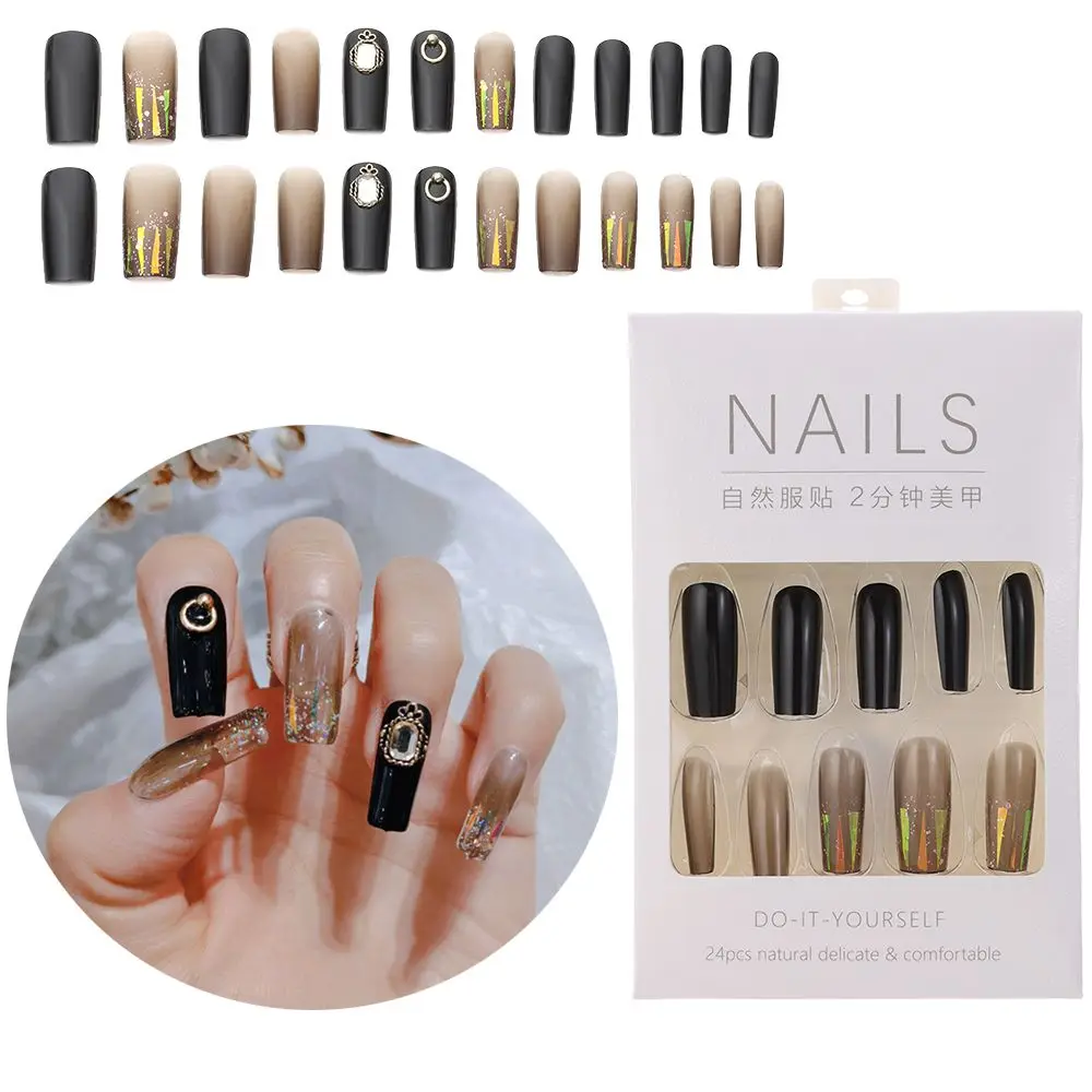 

Full Cover Nail Tips Dark Black Colored Glaze Long Square Head Manicure False Nails Nail Patch DIY Design