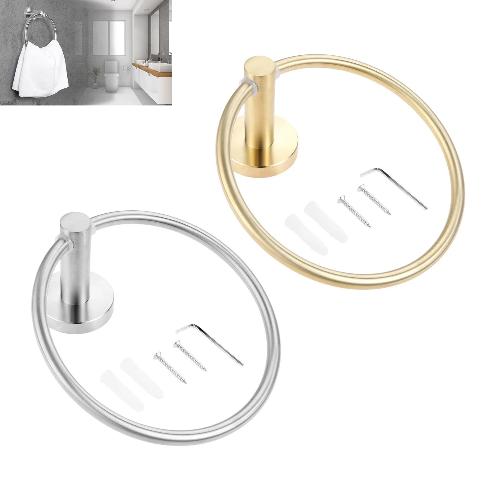 

1pc Ring Towel Holder Round Hand Wall Mounted Rack Stainless Steel Brushed Nickel/Gold Modern Minimalism Bathroom Kitchen Decor