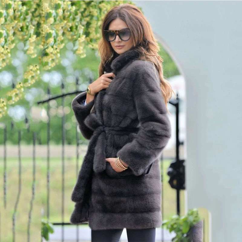 Женская Шуба с меховым воротником TOPFUR зимняя шуба из натуральной кожи ремнем