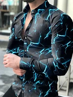 2021 autumn men shirts blue lightning print casual chemise turn down collar buttoned long sleeve tops mens clothing streetwear