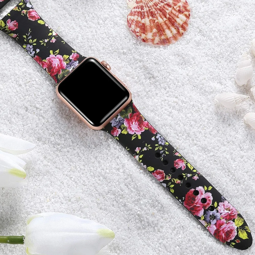 Ленты с цветами для Apple Watch 38 мм 40 мм 42 мм 44 мм, леопардовые силиконовые Печатные Сменные браслеты для iWatch серии 5 4 3 2