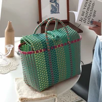 casual rattan basket women handbags wicker woven striped hand bags handmade summer beach bag large tote big bucket purses 2021