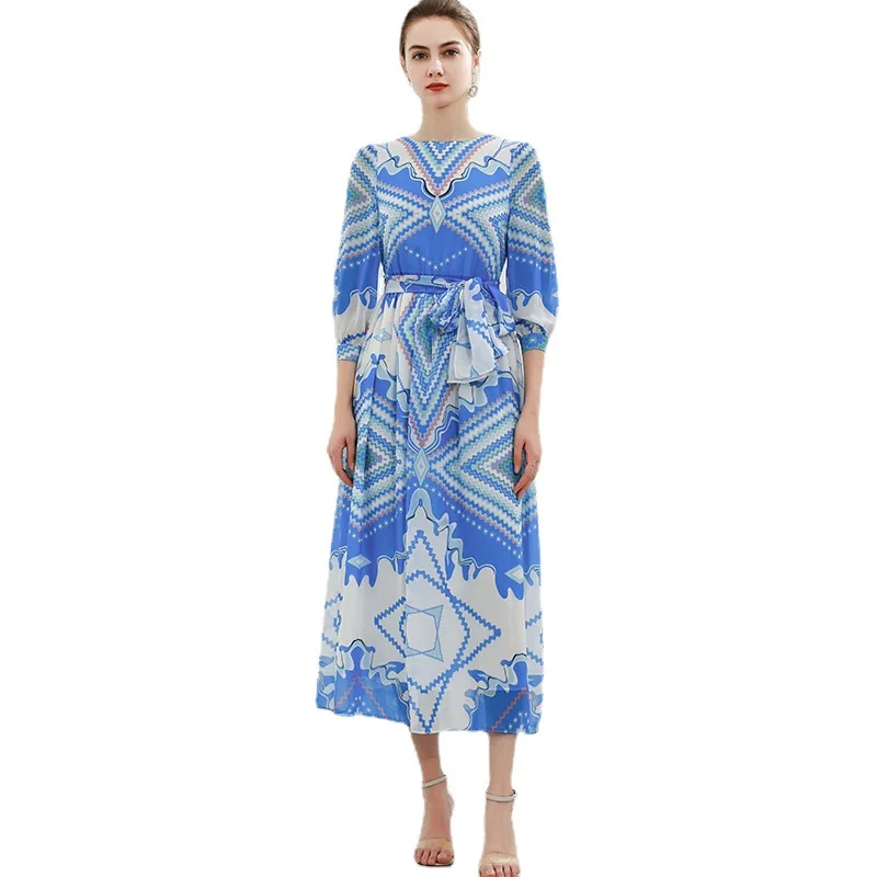 

High Quality Temperament Commuter Blue European and American Long Skirt Printed Round Neck Is Thin and Elegant Mid-length Dress