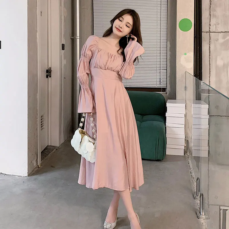 

French Women's Dress Square Collar Thin New Autumn2021Vintage Polyester Casual Mid-Calf Flare Sleeve Solid Elegant Fashion dress