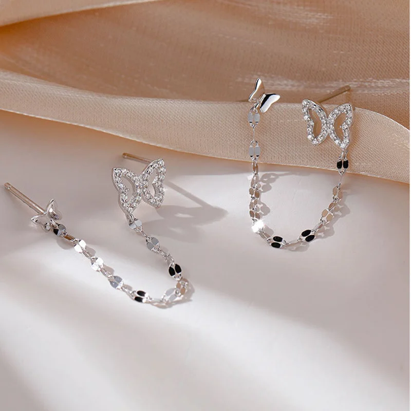 

925 Sterling Silver Fashion Butterfly Double Pierced Chain Earrings for Women Girl Simple Temperament Ear Studs Jewelry