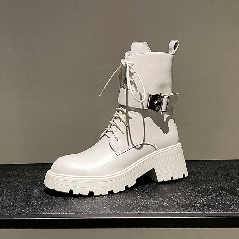 

Boots Women Martin Boots Winter Genuine Cow Leather Knight Boots Round Toe Thick Heel Platform Shoes Boots Women Motorcycle