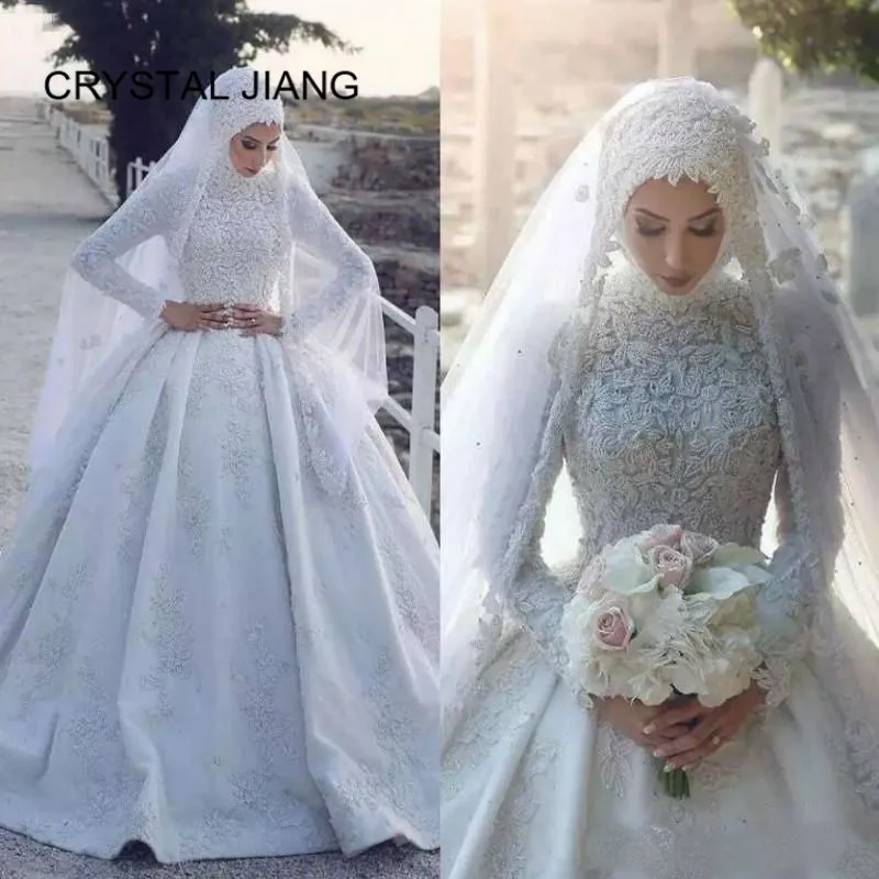 

High Quaity High Neck Lace Applique Wedding Dress Custom made Long Sleeves White Muslim Ball Gown Wedding Gowns
