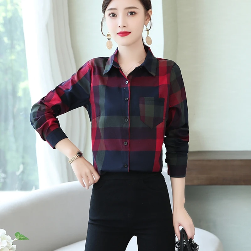 

Large Size Autumn Winter Shirt Women Elegant Cotton Long Sleeve Plaid Shirt Blouse Tops Office Ladies Slim Clothes Plus Size