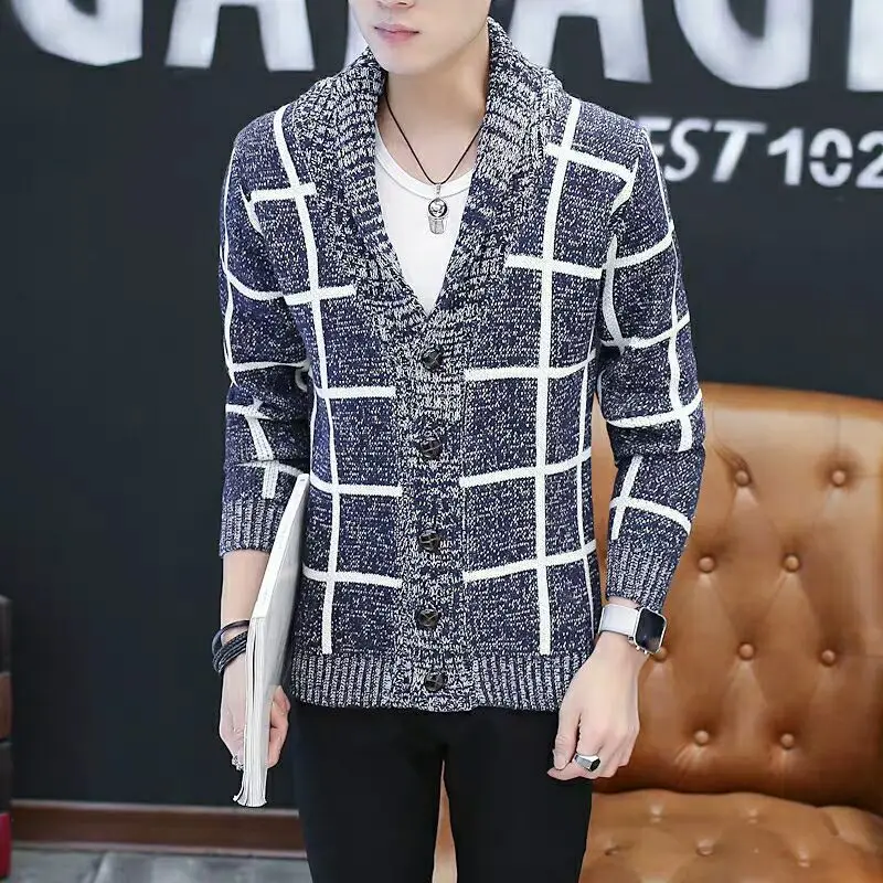

Autumn and Winter New Plaid Knitted Cardigan Men's Sweater Coat