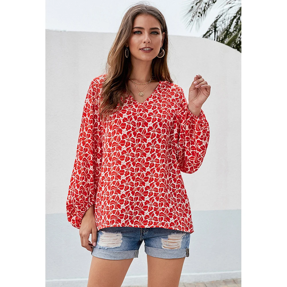 

Spring Autumn Women's Blouse Shirt 2020 Casual V Neck Lantern Sleeve Print Blusas Shirts Female mujer de moda Vintage Tops Women