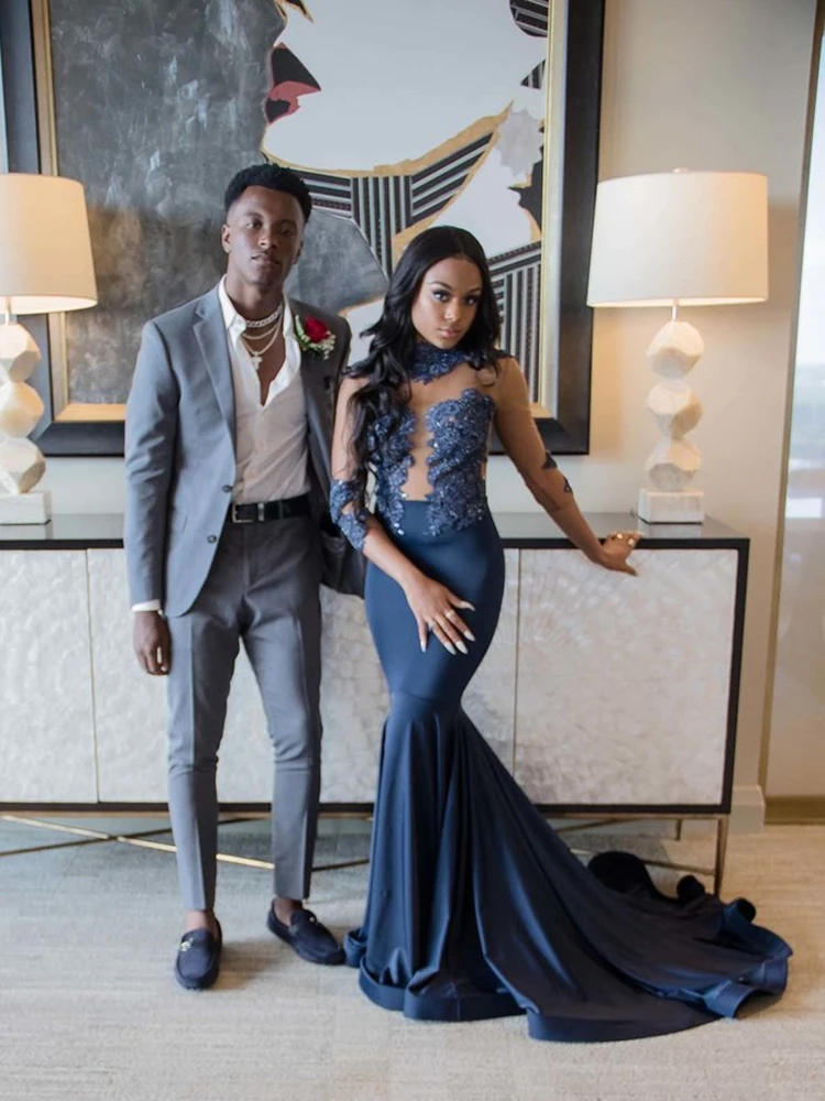 Темно-синие Выпускные платья иллюзионный лиф с длинным рукавом блестящие