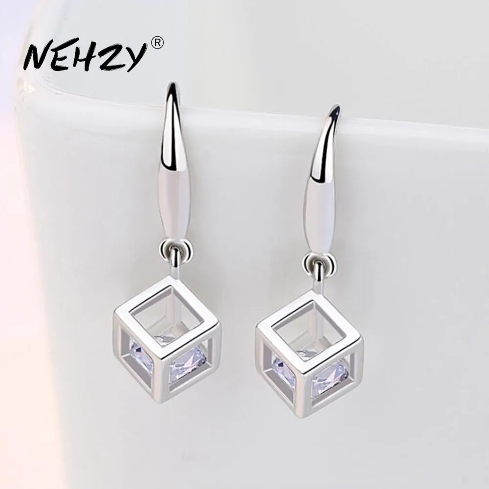 

NEHZY S925 Stamp silver earrings jewelry high quality new retro simple hollow square super flash Zircon earrings hot sale