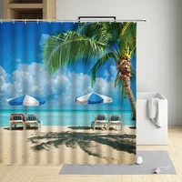 palm tree shower curtain blue sky sandy beach mountain seawater sunset rock meadow parasol recliner cloth bathroom decor