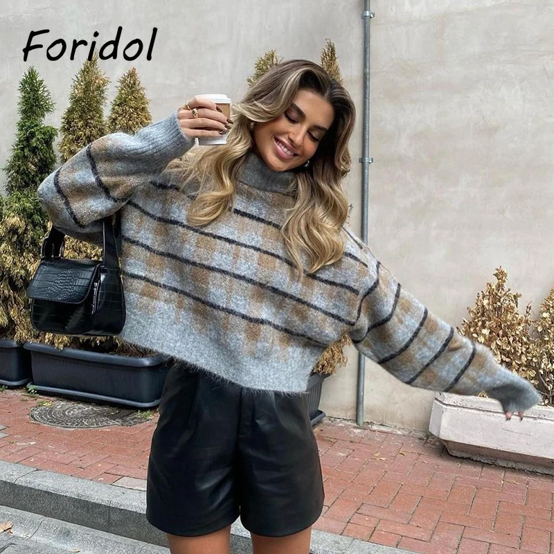 

Foridol Grey Orange Checked Short Sweater Women Oversize Plaid Pullovers Femme Jumper Casual Basic Winter Warm Cozy Sueter