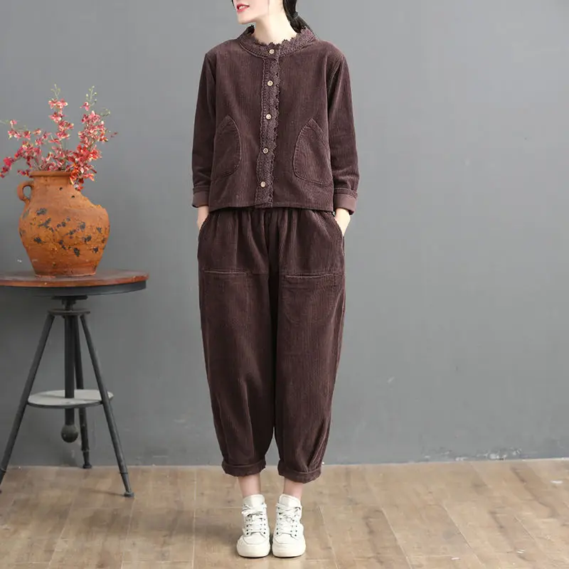 

Oversized Lace O-Neck Single-Breasted Big Pockets Jacket Tops And Baggy Ankle-Length Harem Pants Corduroy Two Piece Sets Women