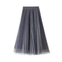 women vintage plaid skirt mesh a line high waist lattice midi skirt elastic pleated ankel length skirts