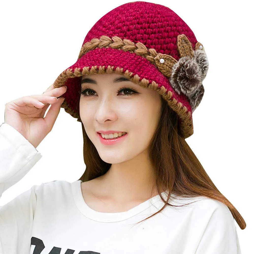 

Women Lady Winter Warm Casual Caps Female Beautiful Wool Crochet Knitted Flowers Decorated Ears Hats Bonnet Femme Hiver40
