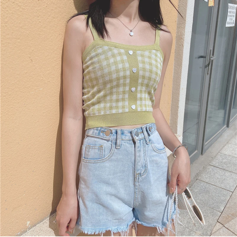 

Vintage Plaid Corset Womens Tank Top Camis Knit Crop Tops Women 2021 Summer Cute Inner Buckle Camisole Tank Top