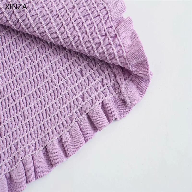 

2021 Za Women Purple Knit Sweater Short Puff Sleeve Ruffle Smocked Elastic Pullover Woman Chic Jewel Button Spring Knitted Top