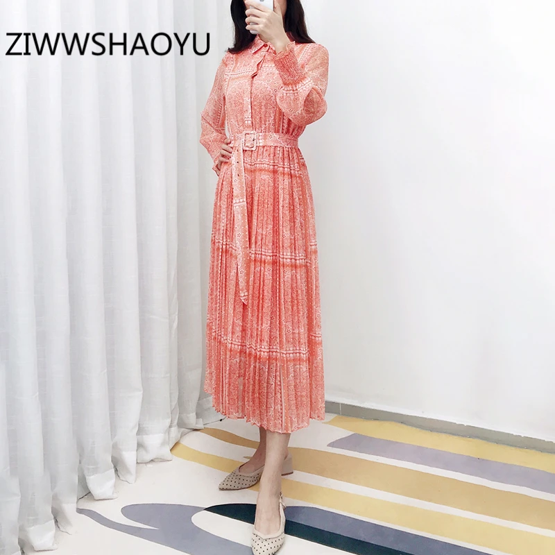 

ZIWWSHAOYU Female Summer Print Boho Midi Dresses Fashion Designer Lantern Sleeve Belt Pleated Dress Women Shirt Dress Vestidos