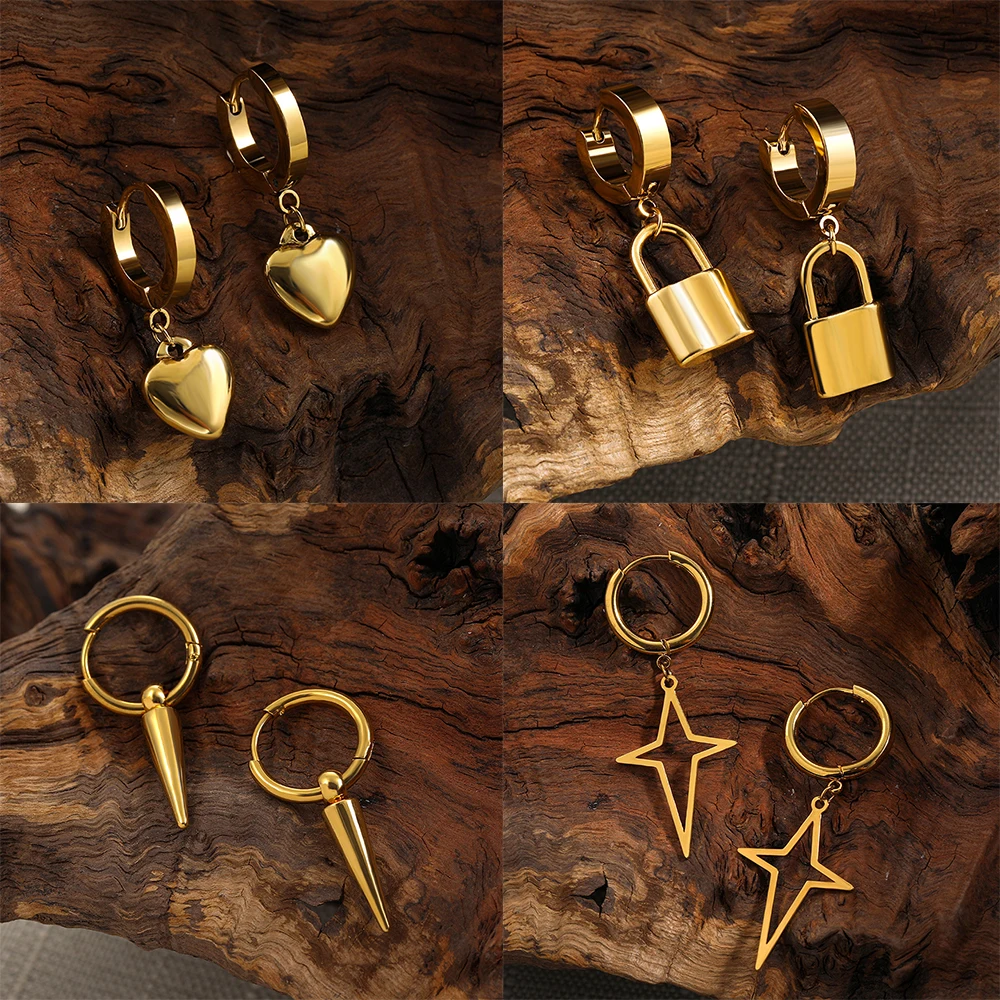 

Vintage Gothic Lock Heart Piercing Drop Earring For Women Men Punk Gold Color Stainless steel Cross Ball Pendant Earring Jewelry