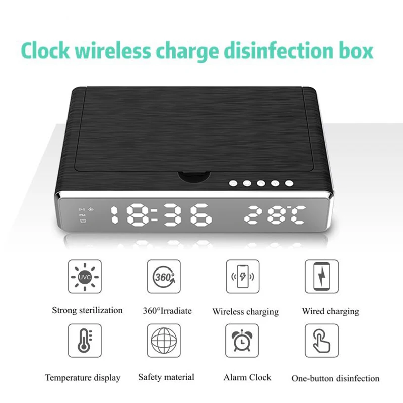 

Phone Wireless Charger LED Alarm Clock with UV Disinfection of Phone Charger Digital Thermometer For