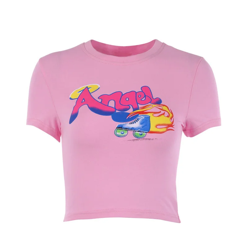 

European & American Printed Short-sleeved T-shirt Women's Summer Slim Short Crop Top Women Angel Girl Cute Sexy Crop Tops Women