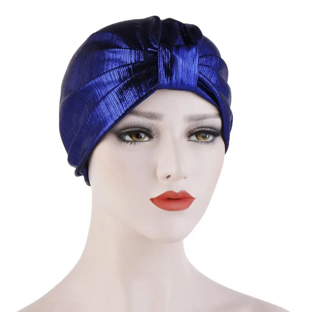 Новый блеск тюрбан с узлом Кепка s для женщин золото серебро мусульманская