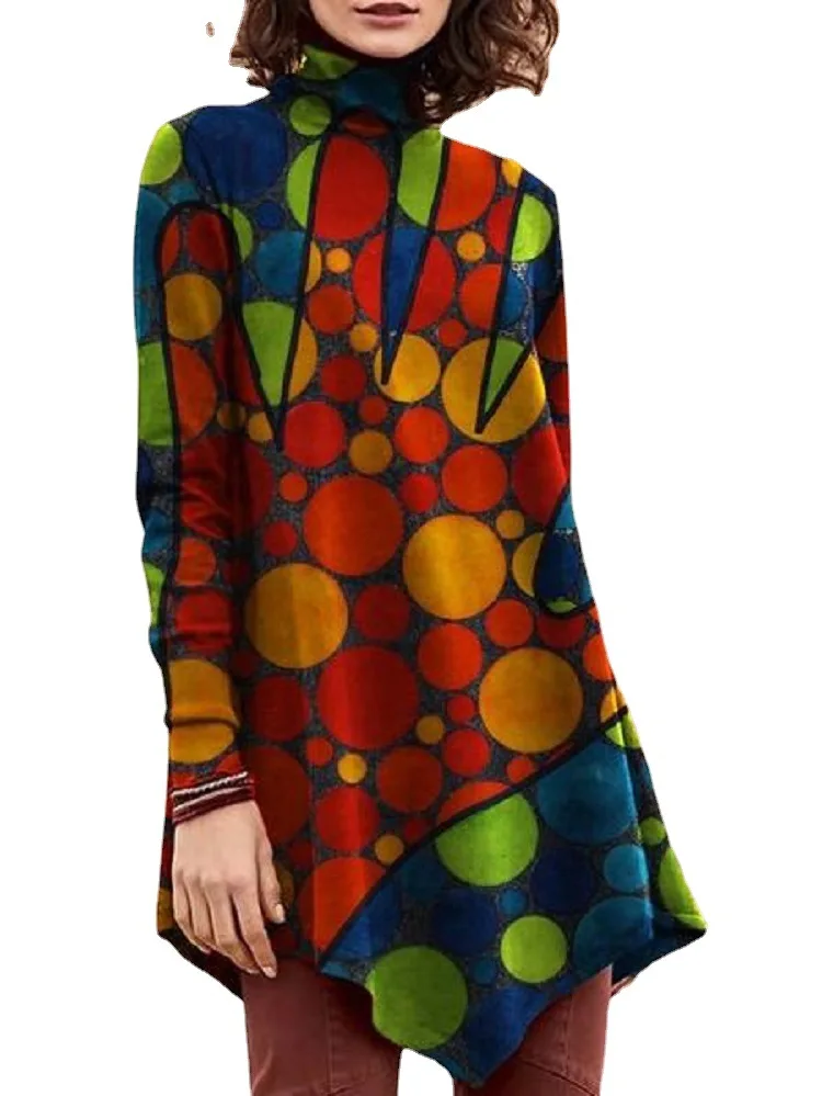 

2021 Women's T-shirt Fashion Loose O-Neck Digital Printing Long-Sleeve Spring Autumn Tops Mid-Long Ladies Clothes Color Pullover