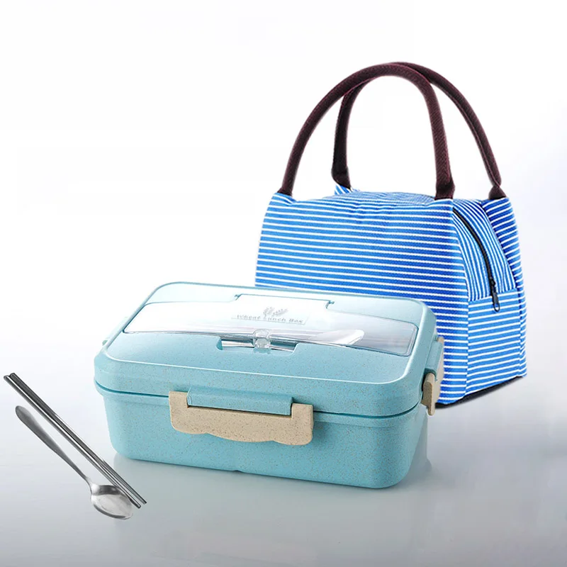 A Blue and bag MICCK портативная коробка для бенто для детей Герметичный пищевой контейнер ланчбокс для пикника Пшеничная солома пищевой контейнер кухонный аксессуары - Цвет: A Blue and bag