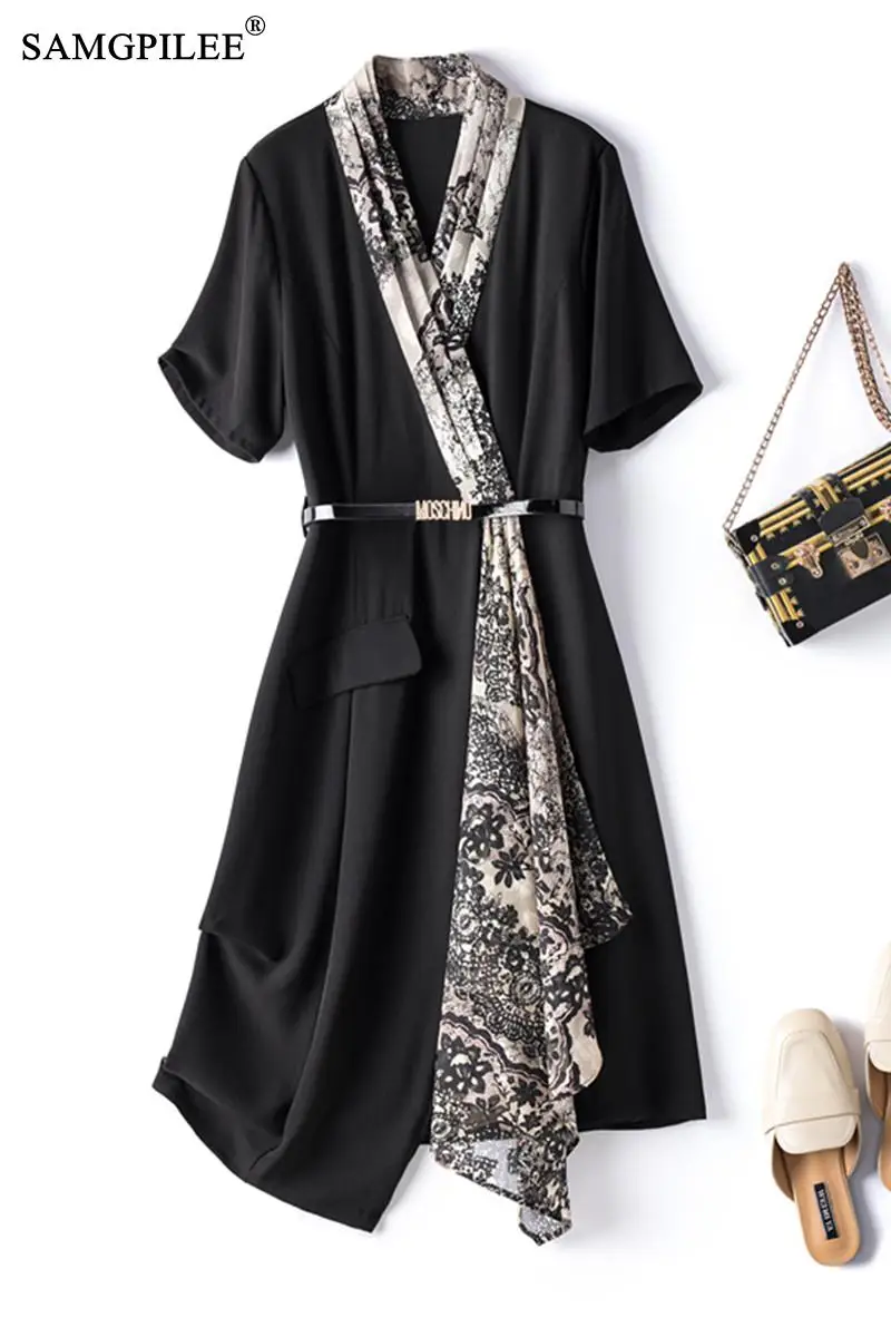 

Summer Women Dresses 2021 New Retro V-neck Bevel Lace Design Slim-fit Belted Short-sleeved Knee-length Dress Plus Size 4XL