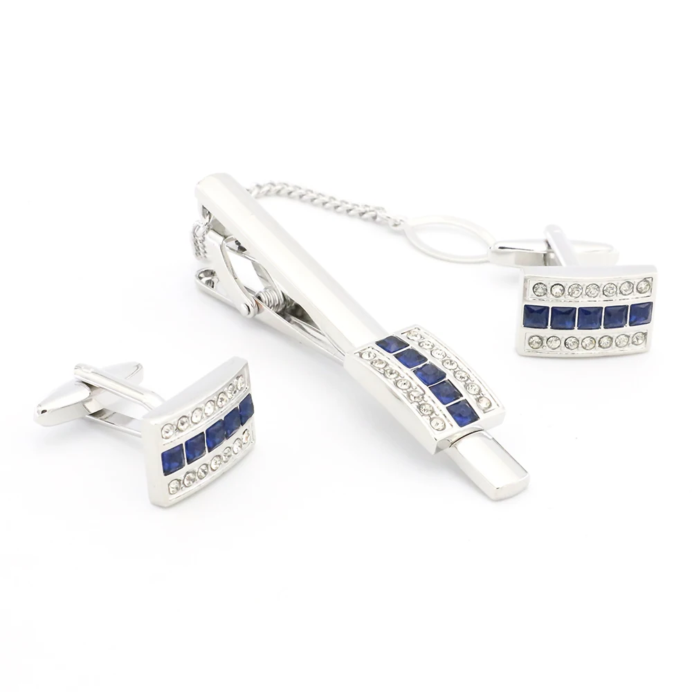 

Free Shipping Men's Cufflinks & Tie Clips Set Crystal Design Blue Color Quality Copper Cuff Links Wholesale&retail